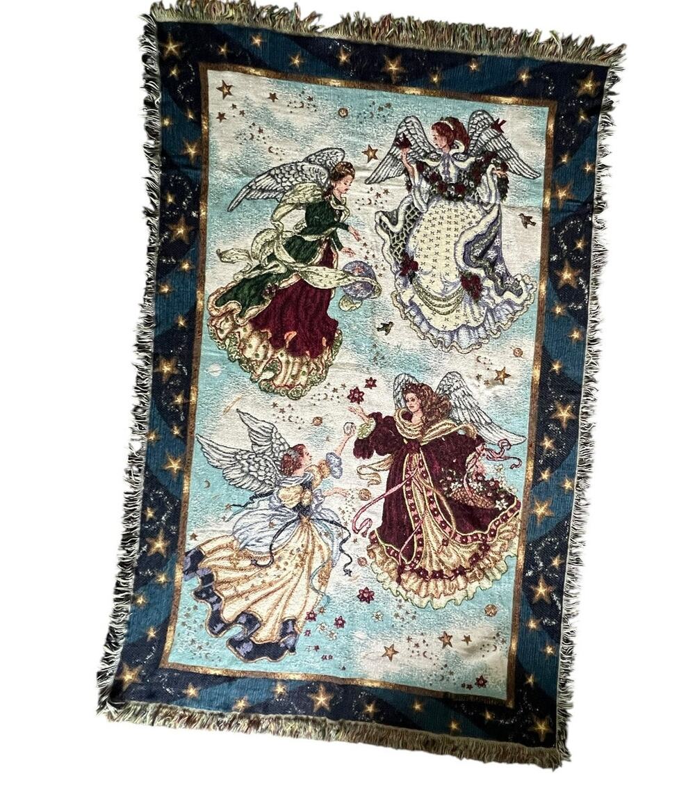 Angel tapestry blanket, celestial, stars border, woven, fringed, 44" x 68"
